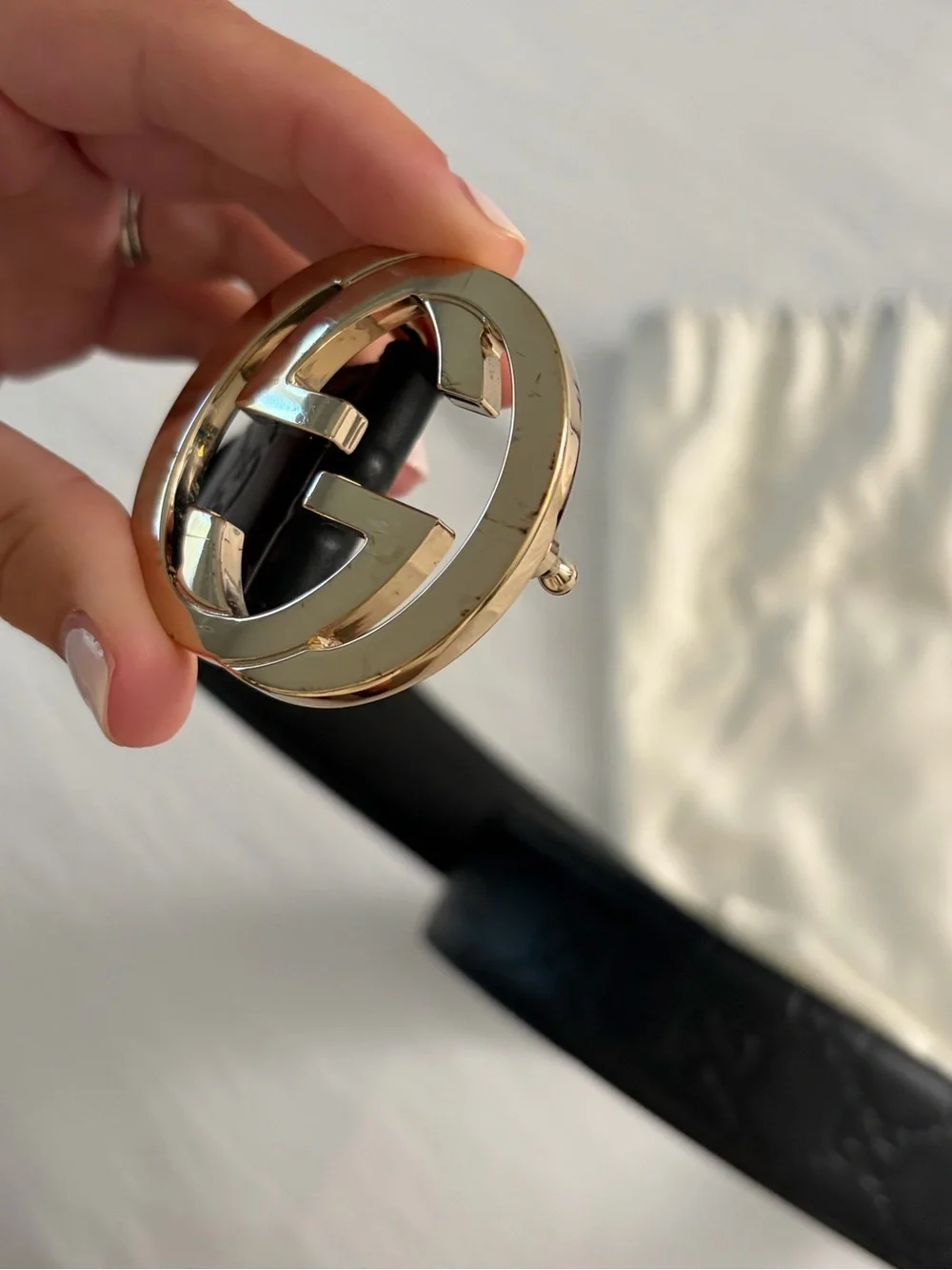 Gucci Black Embossed GG Leather Belt with Gold Double G Buckle